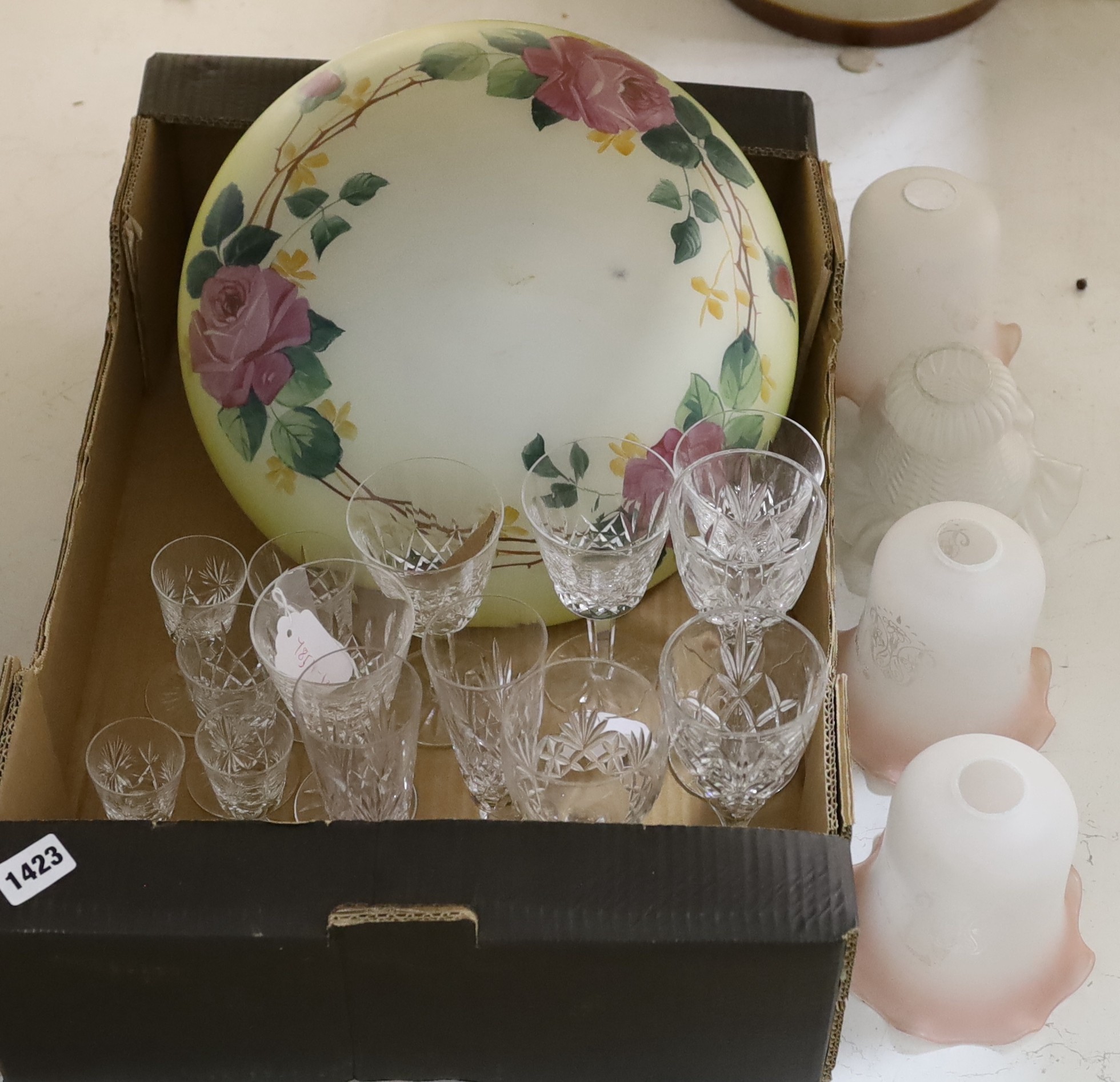 A quantity of Waterford crystal and other drinking glasses together with a plaffonier and other shades
